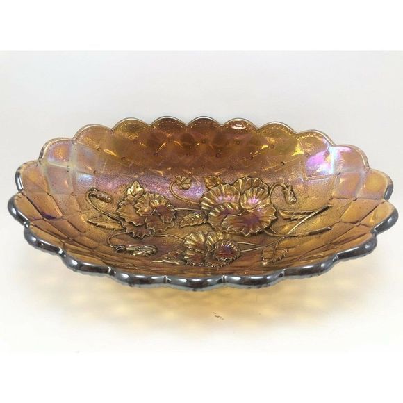 Imperial Pansy Marigold Carnival Glass Dish 8.5" Bowl Quilt Amber‎ Scallop Edge - Picture 2 of 12